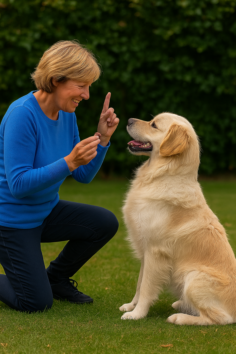 Golden Retriever oefent het commando zitten met zijn trainer in een groene parksetting