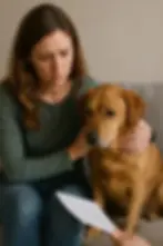 Hond met verdrietige blik zit naast zijn baasje, symbool voor verlatingsangst