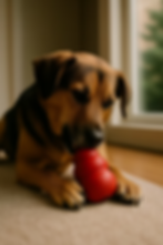 Hond ontspant met rood kauwspeeltje als mentale verrijking bij verlatingsangst.