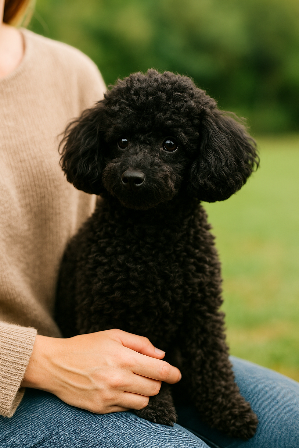 Zwarte Toypoedel zit ontspannen op schoot bij zijn baasje en kijkt aandachtig om zich heen