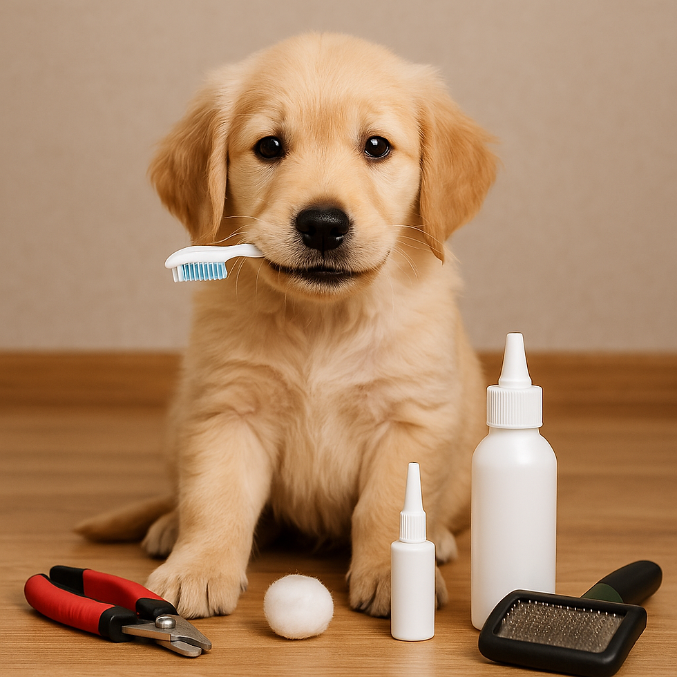 Golden Retriever puppy met tandenborstel en verzorgingsproducten zoals nagelschaar, oorcleaner en borstel – ideaal voor hoofdstuk over gebit-, oor- en nagelverzorging.