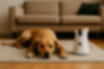 Hond ligt ontspannen in de woonkamer terwijl de honden camera hem in de gaten houdt