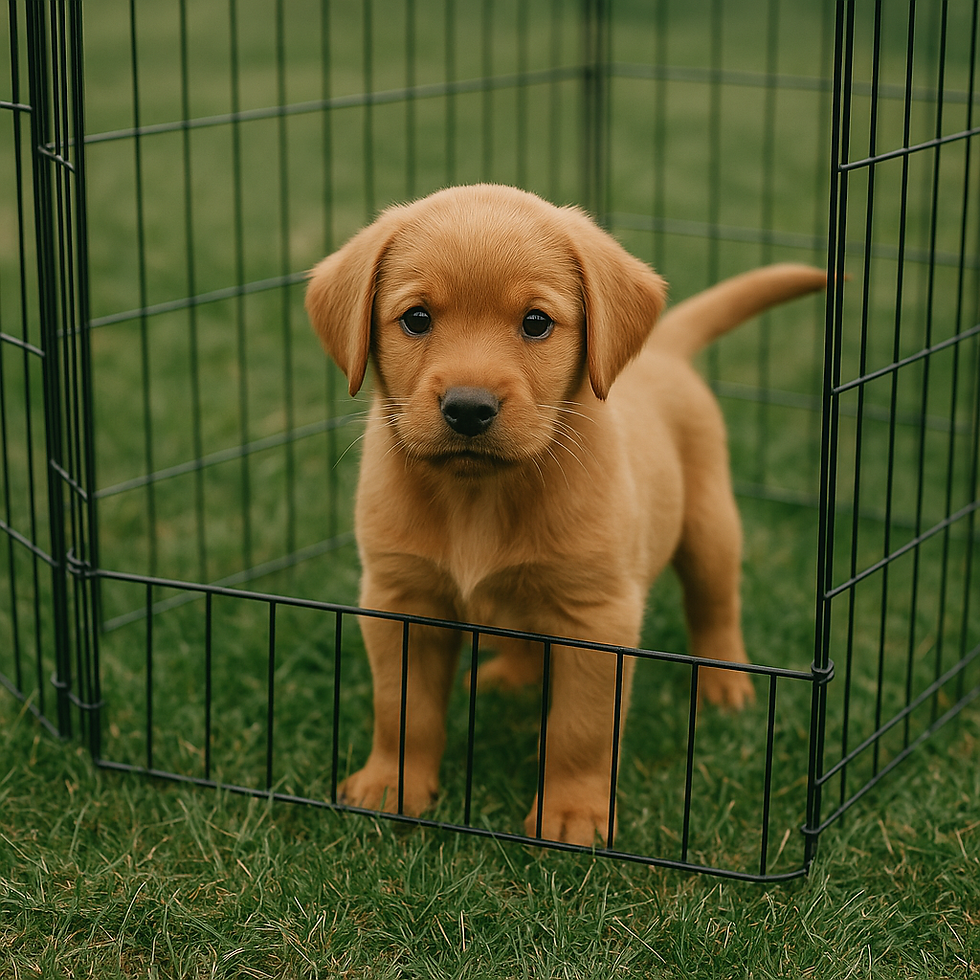 Speelse bruine Labrador puppy in een puppy ren met zachte dekens en speeltjes