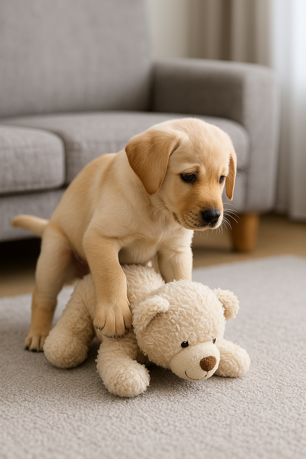 Puppy die spanning verwerkt door op knuffel te rijden.