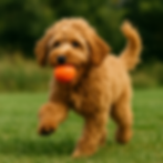 Cobberdog speelt buiten met een oranje bal – ideaal hulpmiddel voor stressvermindering bij verlatingsangst.