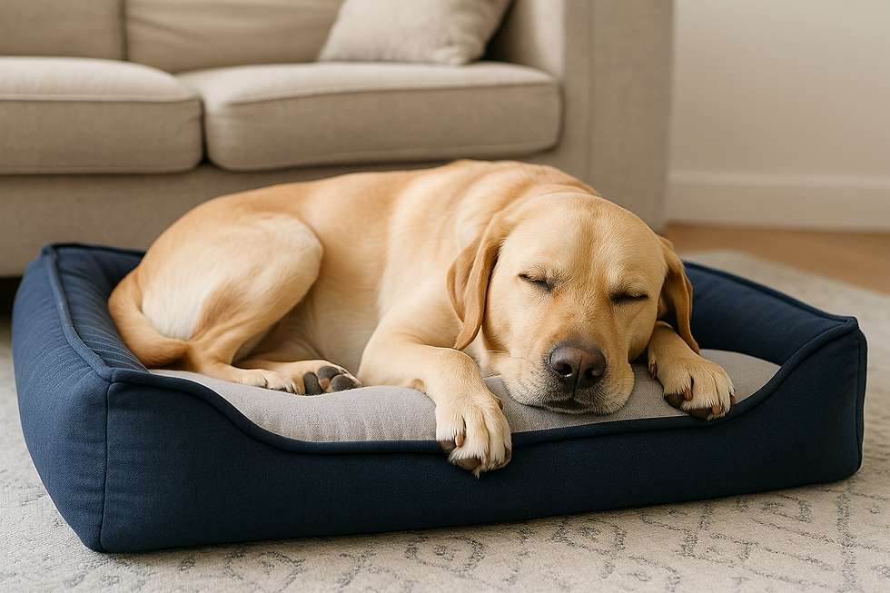 Hond die rustig ligt op kussen na training om spanning te verminderen.