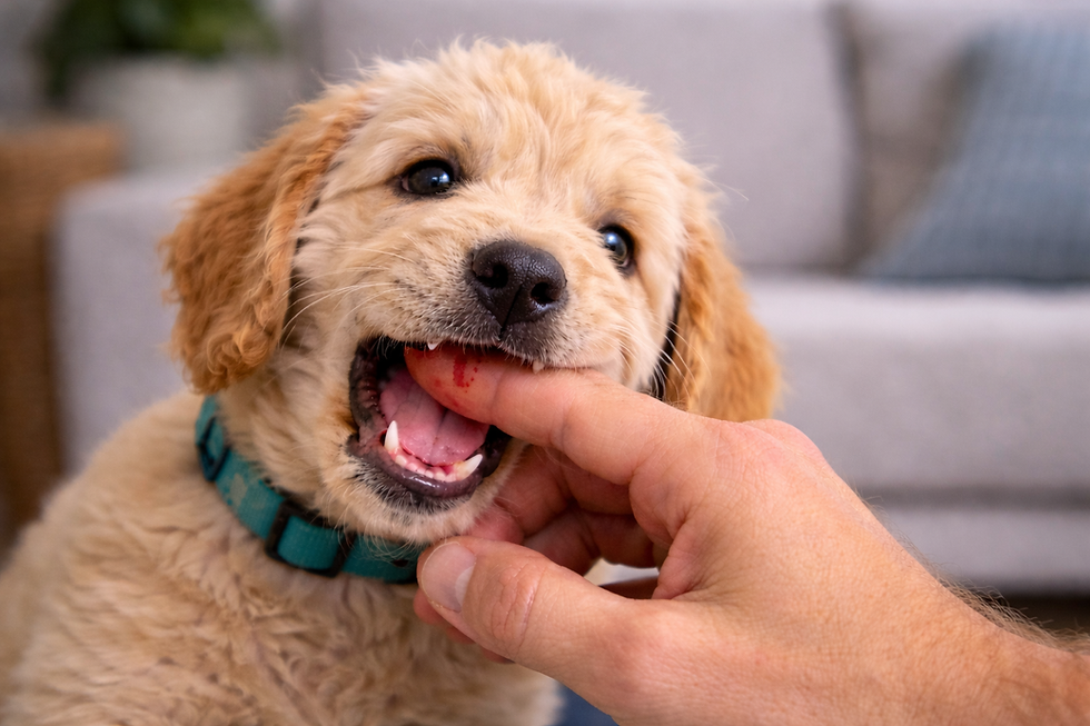 labradoodle puppy bijt in hand tijdens spel met scherpe melktanden