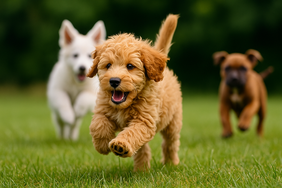 Australian Cobberdog, Witte Herder en Stafford puppy samen spelend op gras