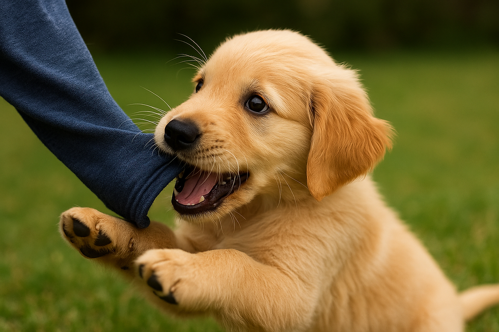 Golden Retriever pup die speels tegen een arm opspringt en in een mouw hapt – typisch opspring- en bijtgedrag tijdens begroeting