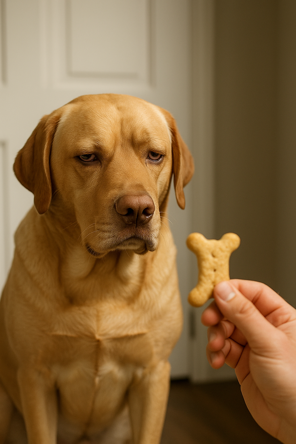 Hond kijkt ongeïnteresseerd naar het koekje van zijn baasje – motivatieverlies tijdens training