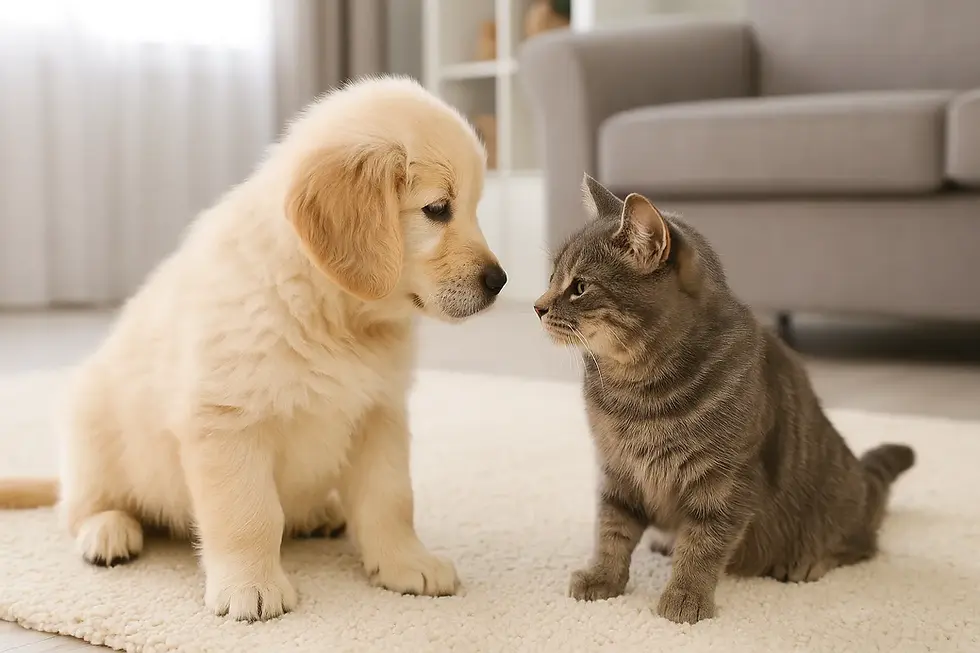 Golden Retriever pup ontmoet nieuwsgierig een kat in de woonkamer.