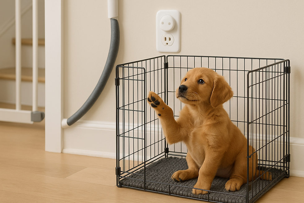 Golden Retriever puppy in een puppyren met zijn pootje omhoog, omringd door veilige puppy producten zoals traphek, kabelbeschermer en stopcontact beveiligers.
