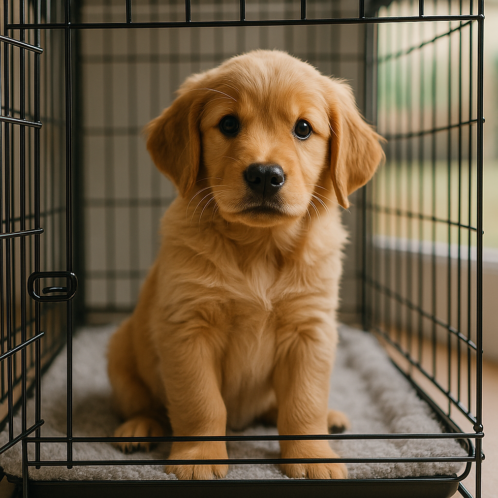 "Golden retriever puppy zit rustig in een bench tijdens training."