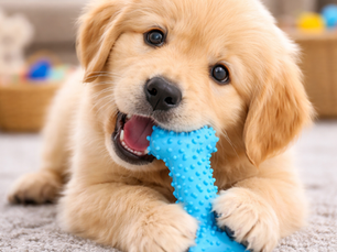 Golden Retriever puppy kauwt op blauw kauwspeeltje – helpt bij puppy bijten afleren en tandjes wisselen