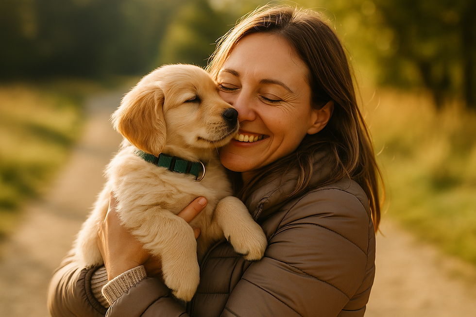 "Blije eigenaar knuffelt puppy tijdens een wandeling in de natuur."