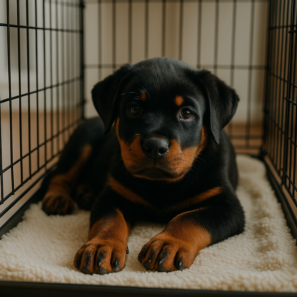 "Rottweiler puppy ligt rustig in een bench op een zacht kleedje"