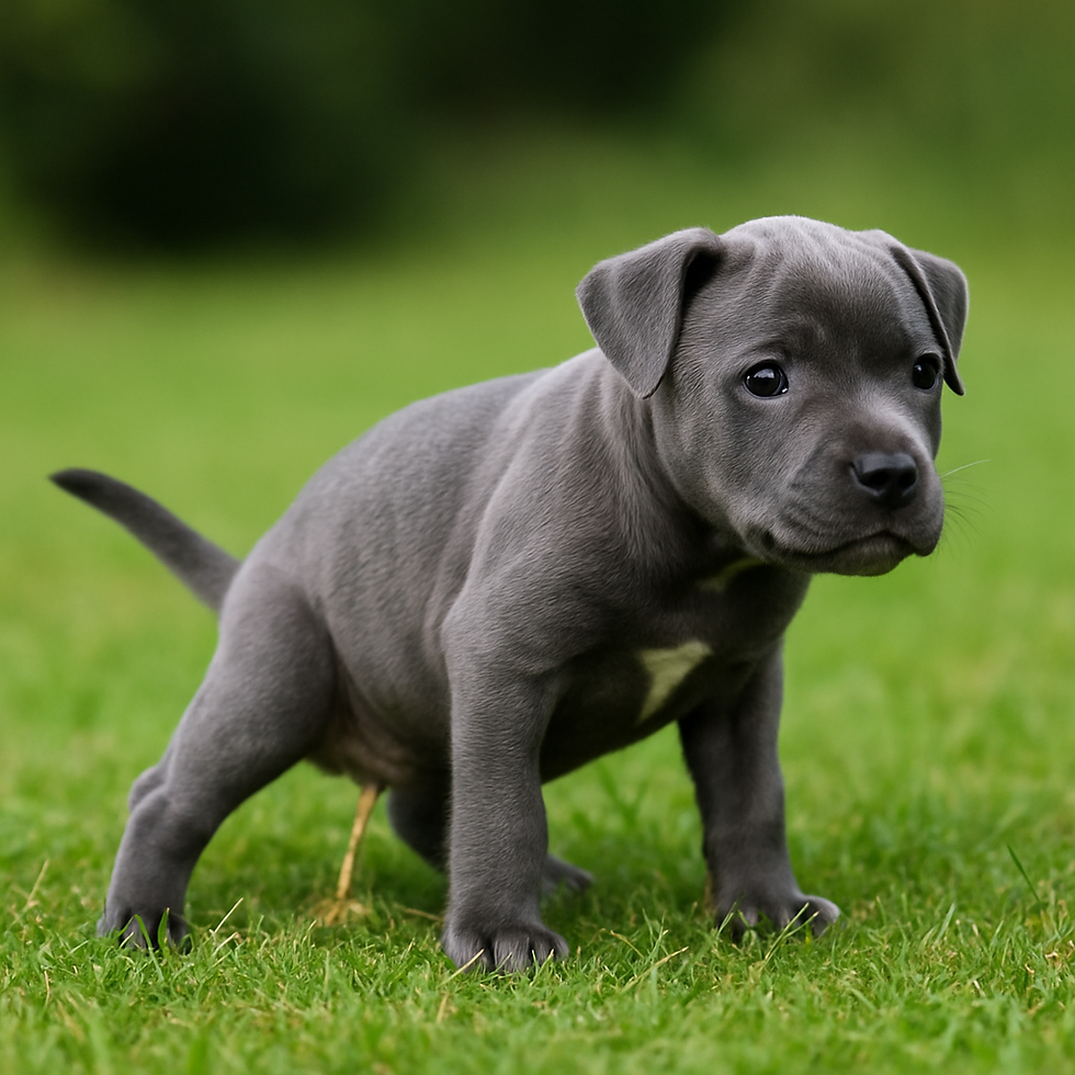 Grijze Stafford puppy die netjes buiten plast tijdens zindelijkheidstraining.