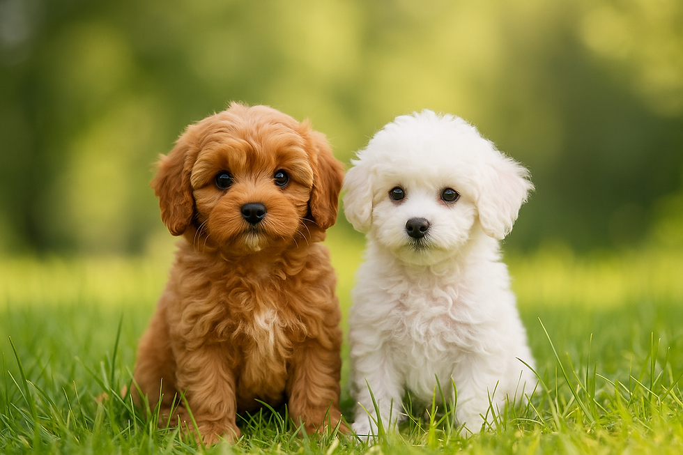 Een Cavapoo en Toy Poedel puppy spelen samen in het gras – twee van de populairste kleine hondenrassen in Nederland.