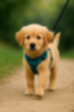 “Puppy met comfortabel tuigje tijdens eerste socialisatiewandeling buiten”