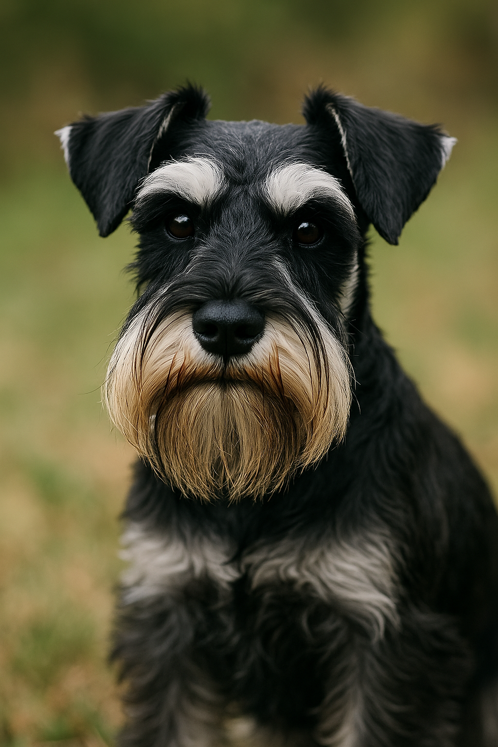 Dwergschnauzer met kenmerkende snor en ruwe vacht kijkt alert in de camera – klein hondenras met levendig karakter en trouwe uitstraling.