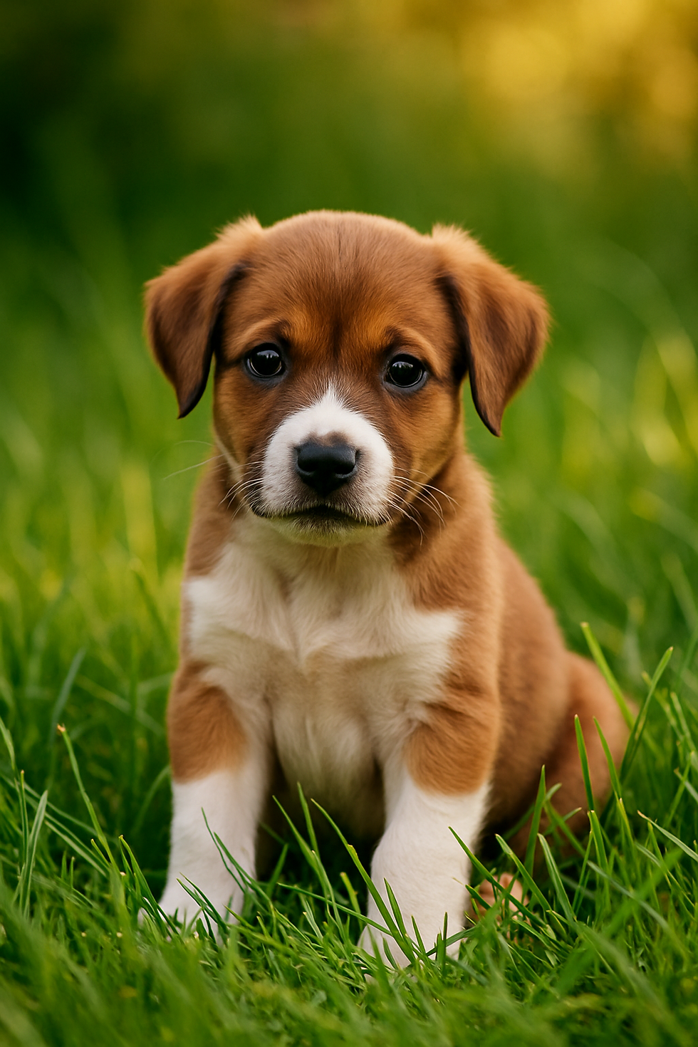 Jonge puppy die aandachtig zit in het gras tijdens de eerste trainingsmomenten.