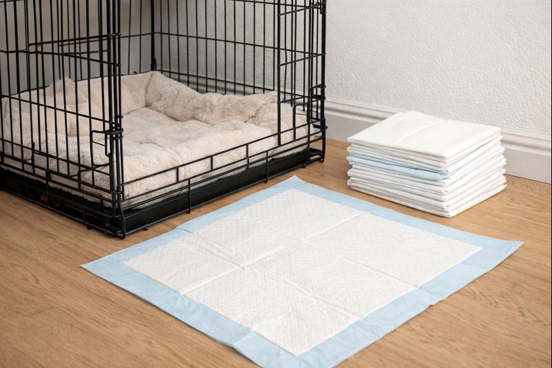 Bench en puppypads als hulpmiddelen bij zindelijkheidstraining van een puppy