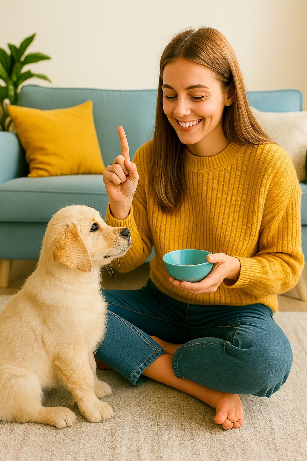 "Vrolijke puppy tijdens eerste trainingsmoment met baasje – start van de opvoeding."