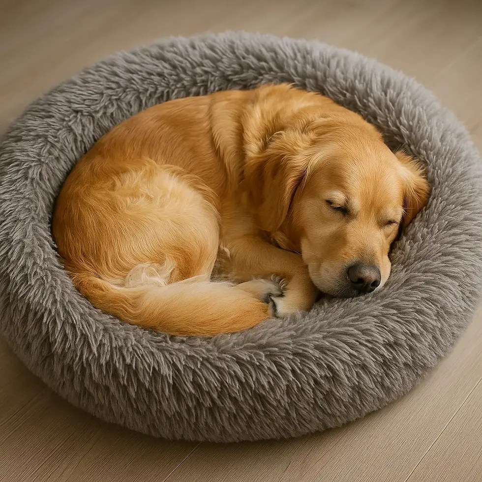 Puppy slaapt diep in zachte donut-mand.
