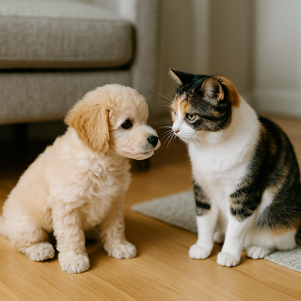 Toypoedel pup ontmoet kat en honden tijdens vroege socialisatie