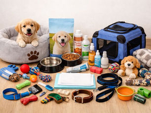 Overzicht van puppy benodigdheden zoals hondenmand, voerbak, speelgoed, riem en verzorgingsproducten