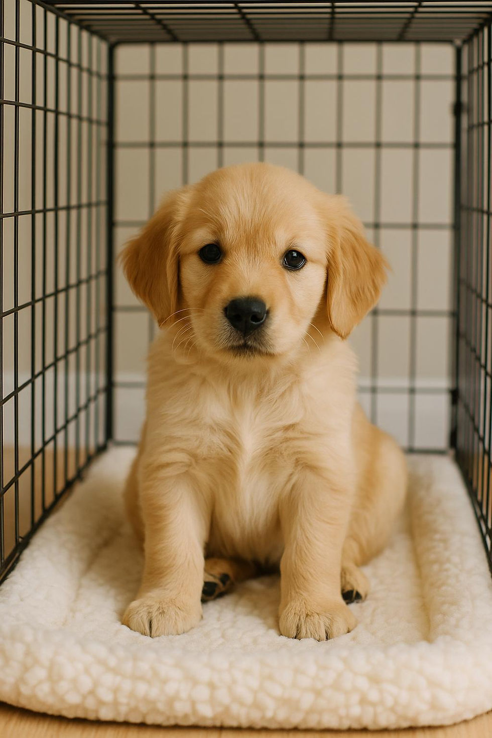 Lief Golden Retriever puppy liggend in een bench, veilig en ontspannen