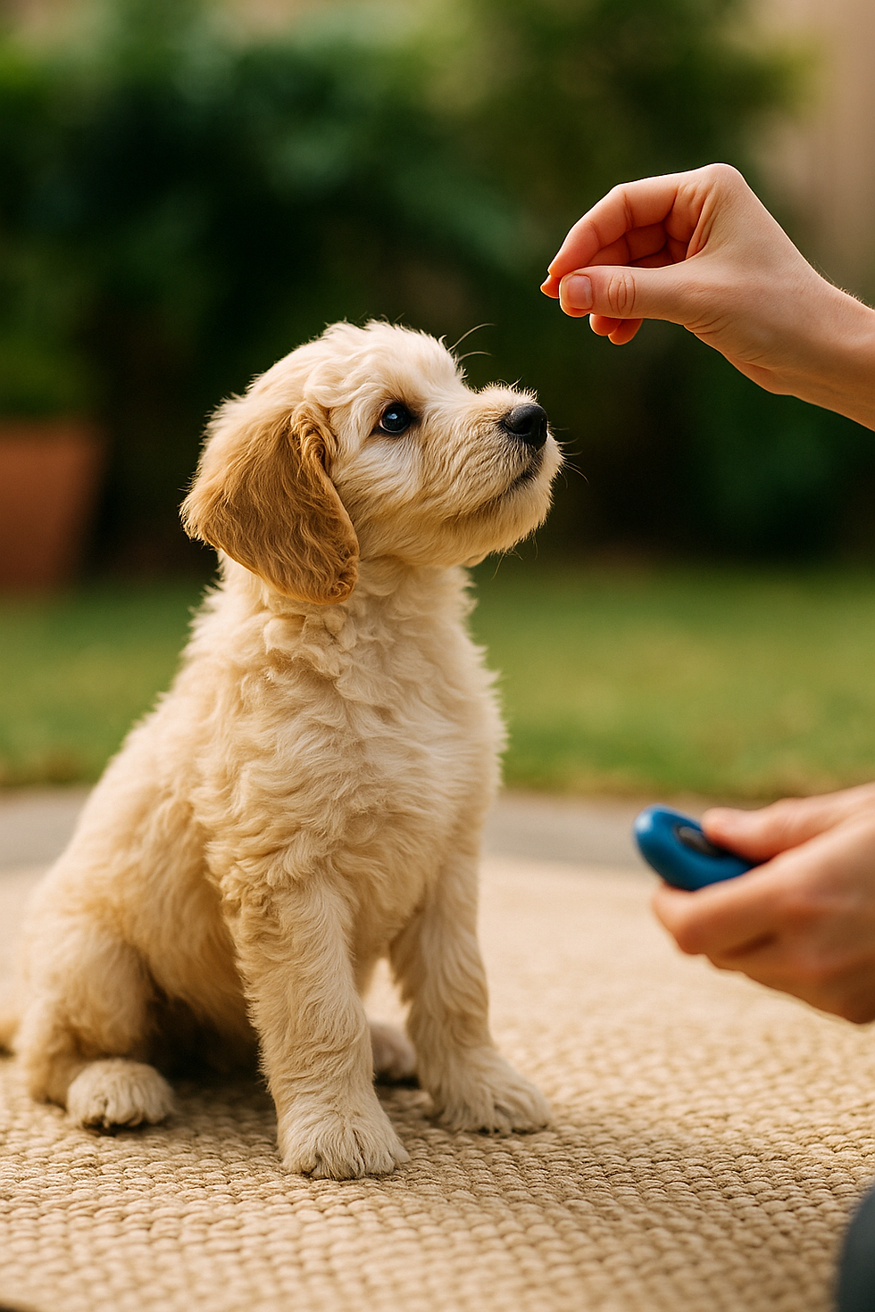 Een jonge Labradoodle-pup leert rustig zitten tijdens privétraining – positieve hondentraining in Friesland.