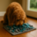 Cobberdog puppy die rustig snuffelt in een snuffelmat – ideaal hulpmiddel bij verlatingsangst.