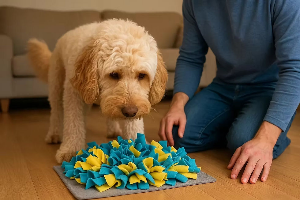 Australian Cobberdog gebruikt een snuffelmat tijdens een hersenwerktraining in huis – ideale mentale uitdaging voor slimme hondenrassen.