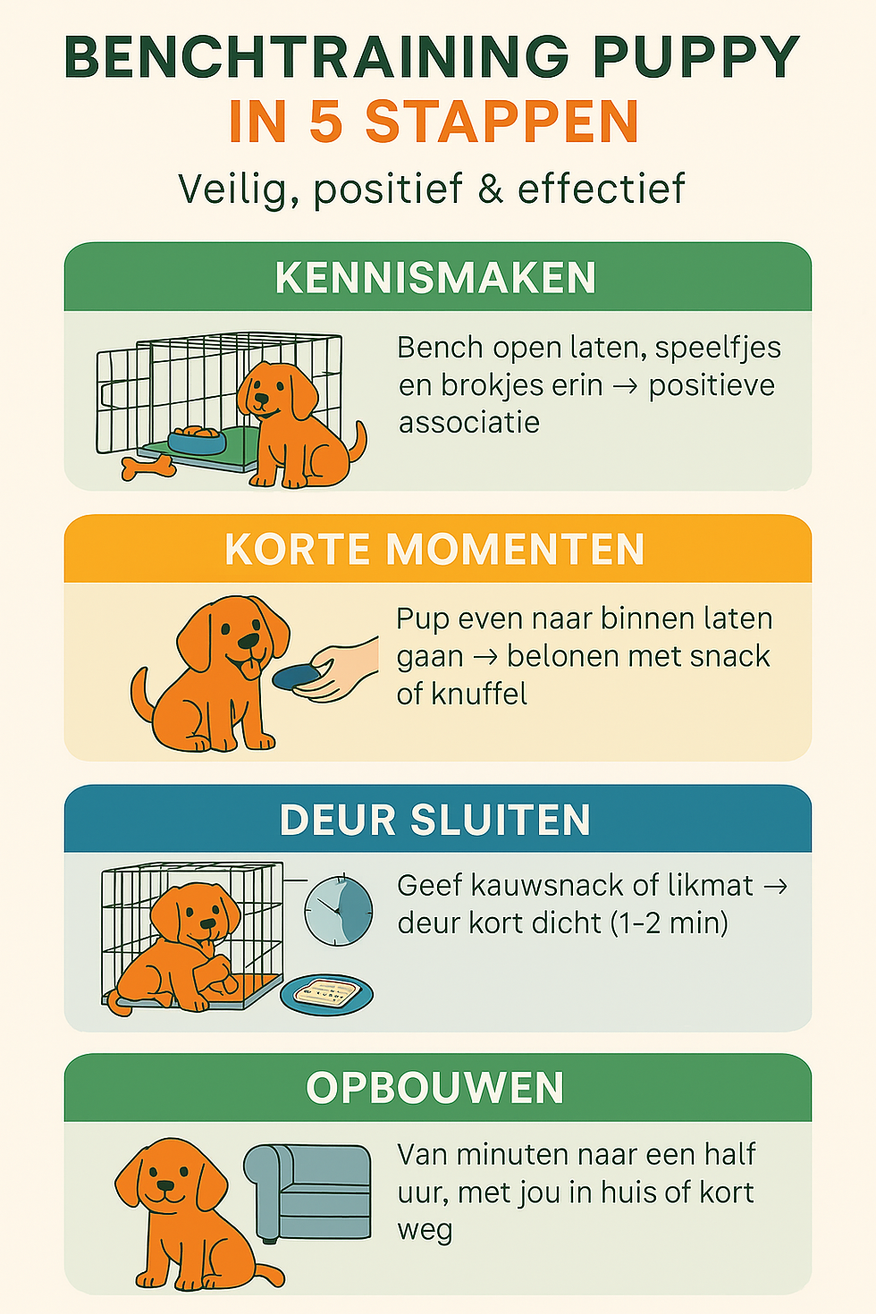 Infographic Benchtraining Puppy in 5 stappen: kennismaken, korte momenten, deur sluiten, uitbouwen, alleen oefenen.