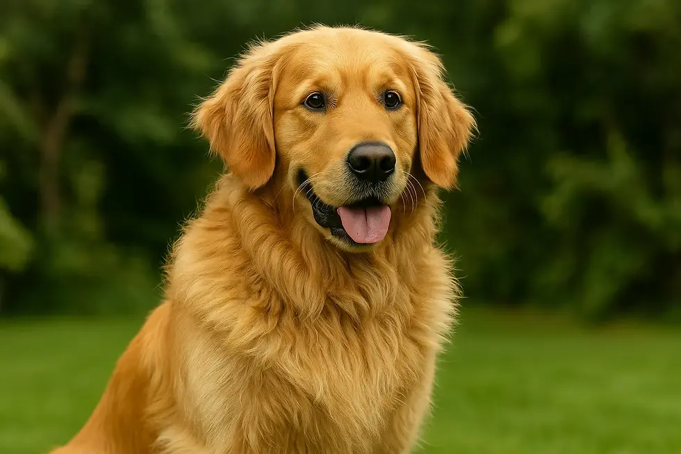 Golden Retriever met golvende gouden vacht in de tuin.