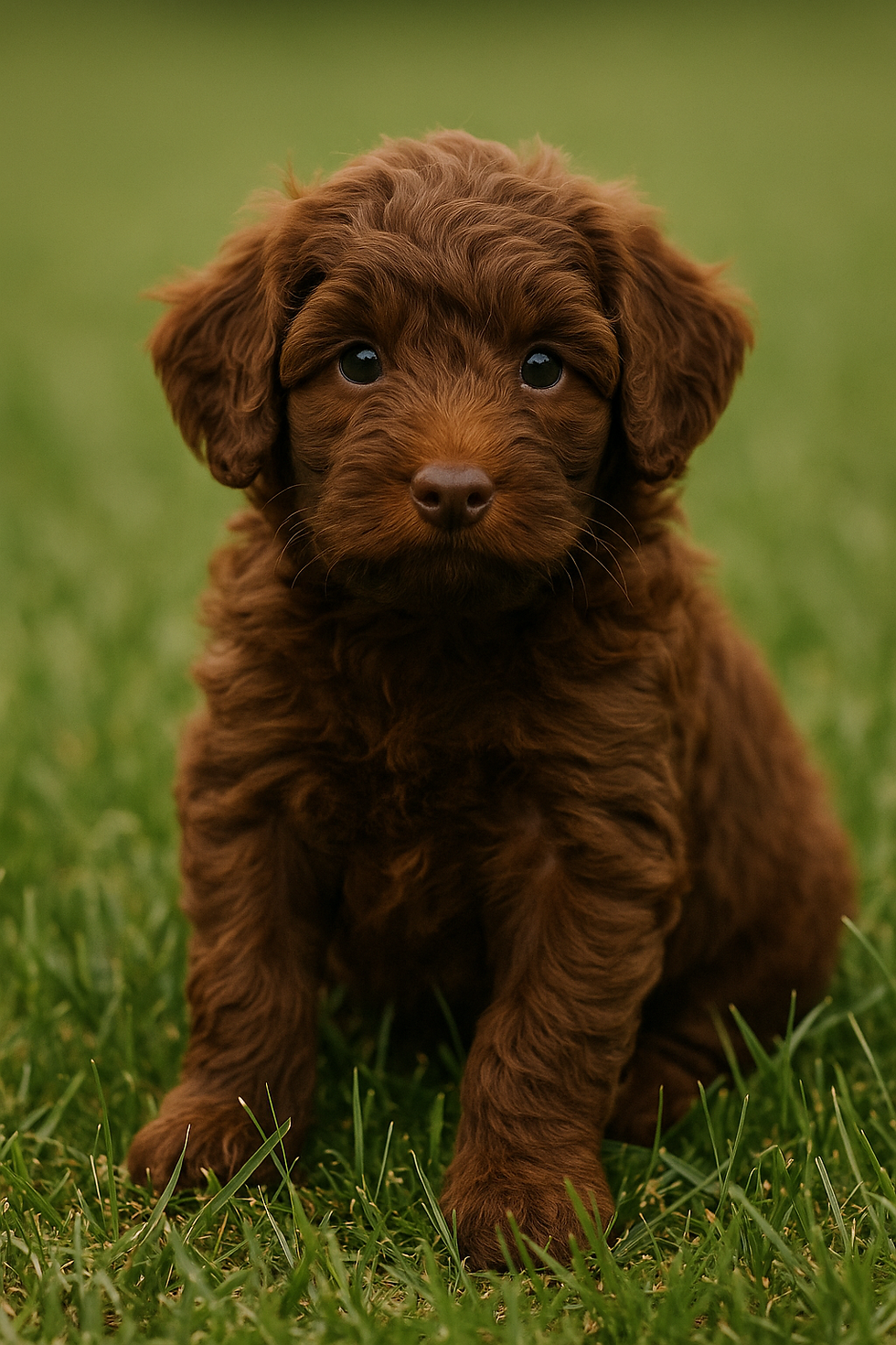 Schattige kleine chocoladebruine Australian Cobberdog puppy zit in het gras met zachte krullende vacht