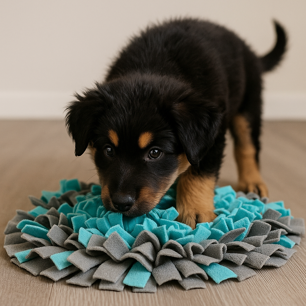 Zwarte en tan puppy die snuffelt in een turquoise snuffelmat – ideale mentale verrijking voor jonge honden.