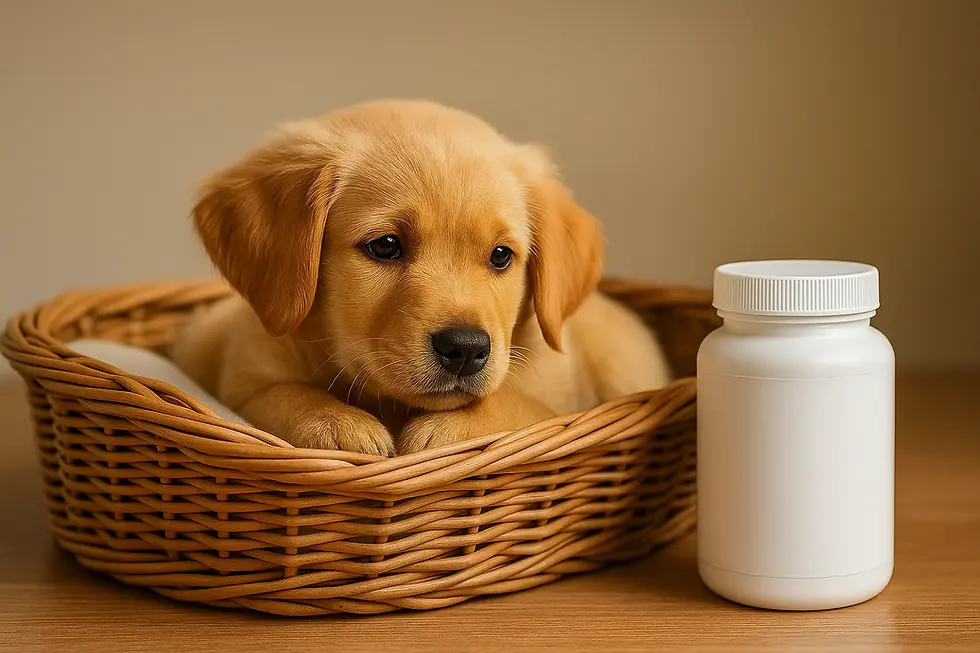 Golden Retriever puppy ligt ontspannen in een mandje naast een witte supplementenpot – suggestieve weergave van kalmerende werking.