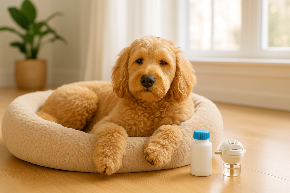 "Golden Doodle bang voor vuurwerk – ontspannen in donutmand met supplementenpotje en verdamper in lichte huiskamer"