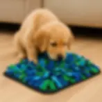 “Golden Retriever pup snuffelt rustig in een blauwe en groene snuffelmat”