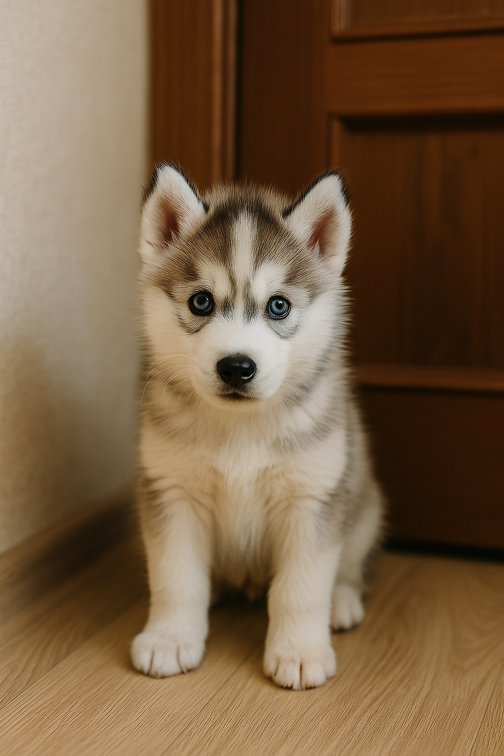 Schattige husky puppy die alleen voor de voordeur zit en wacht – illustratie van verlatingsangst bij honden.