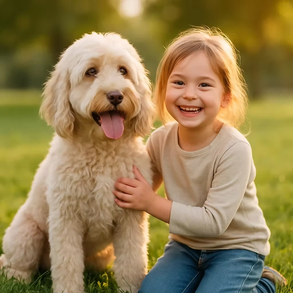 Labradoodle zit vrolijk naast een lachend kind in het gras – symbool van het sociale en kindvriendelijke karakter van dit ras.