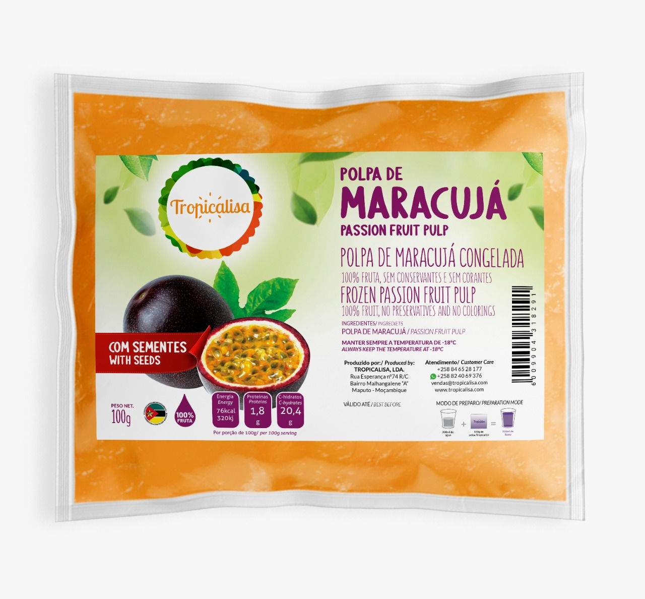 Polpa Congelada de Maracujá sem Sementes 100g