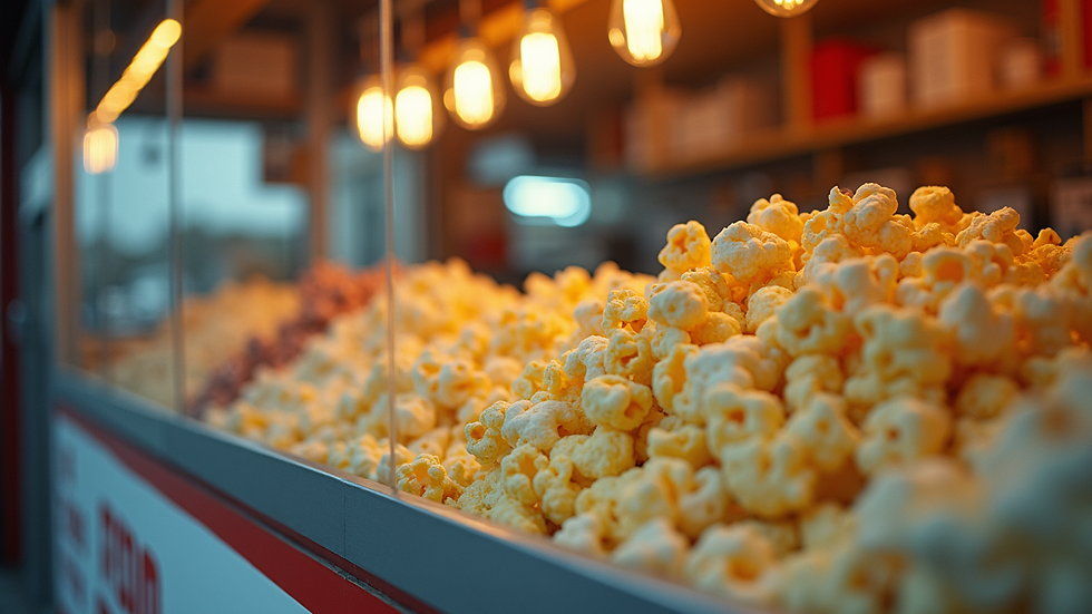 Eye-level view of a small popcorn shop with colorful popcorn bags on display