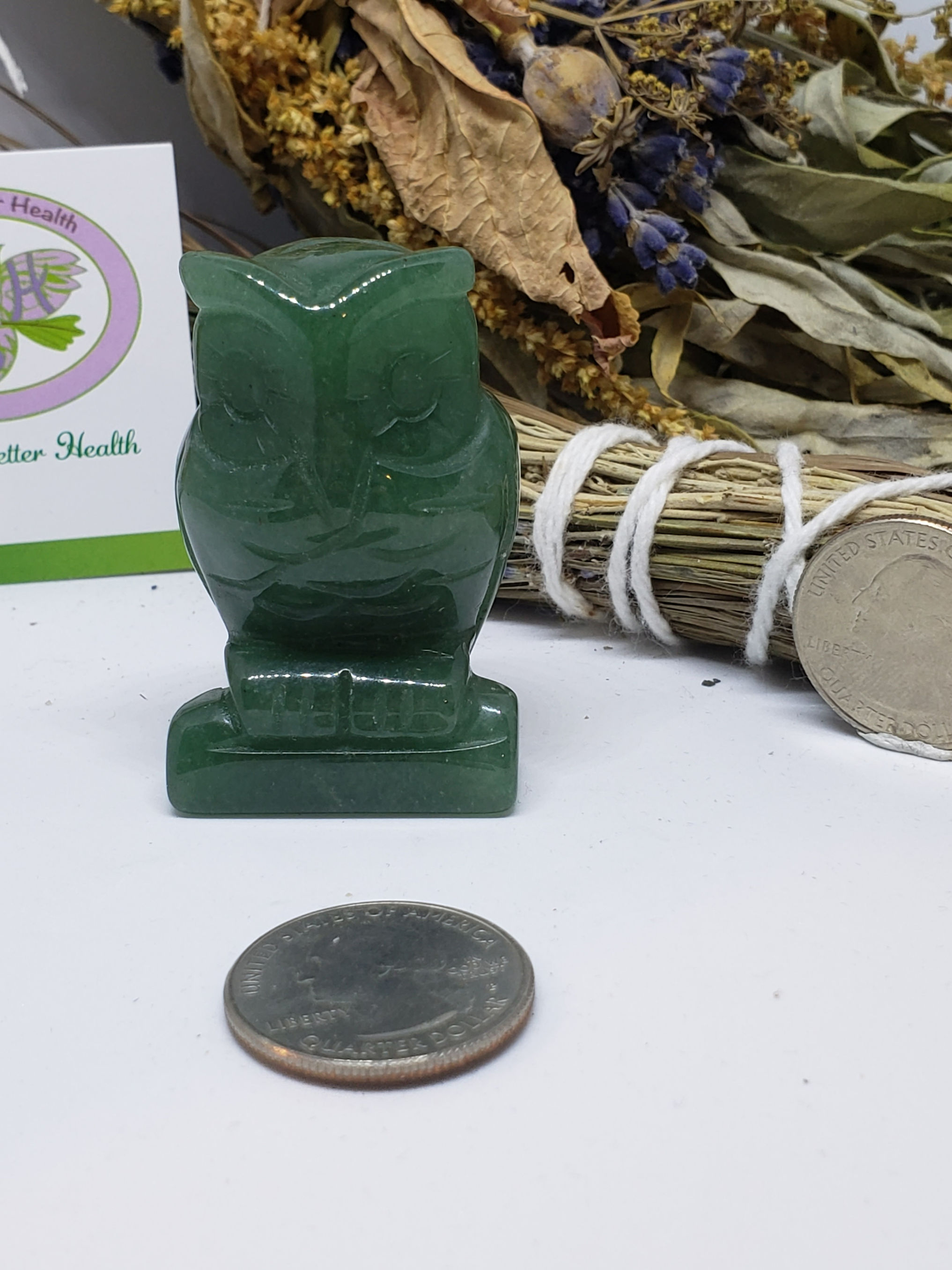 Green Strawberry Quartz Owl, $16