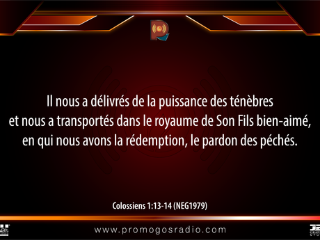 Il nous a délivrés de la puissance des ténèbres et nous a transportés dans le royaume de Son Fils bien-aimé, en qui nous avons la rédemption, le pardon des péchés.  Colossiens 1:13-14 (NEG1979)