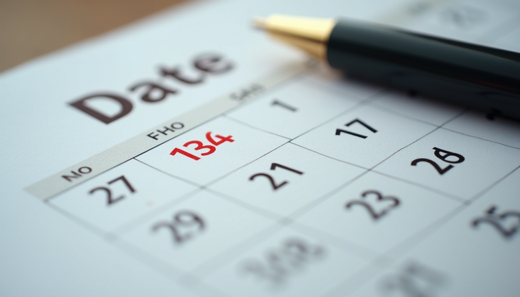 High angle view of a calendar with a marked date and a pen