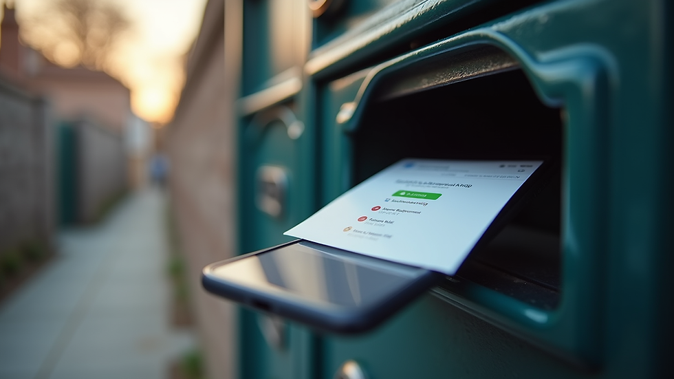 Eye-level view of a mailbox with digital notifications on a smartphone