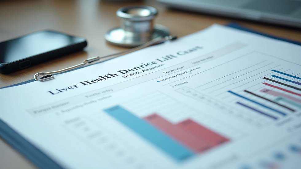 Close-up view of a medical report with liver health charts